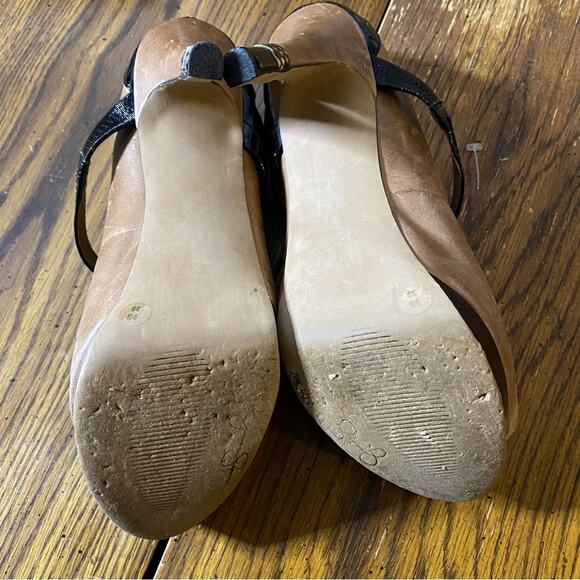 JESSICA SIMPSON Platform Heels Size 9B Brown Leather Black Patent Snakeskin Trim - Picture 6 of 11
